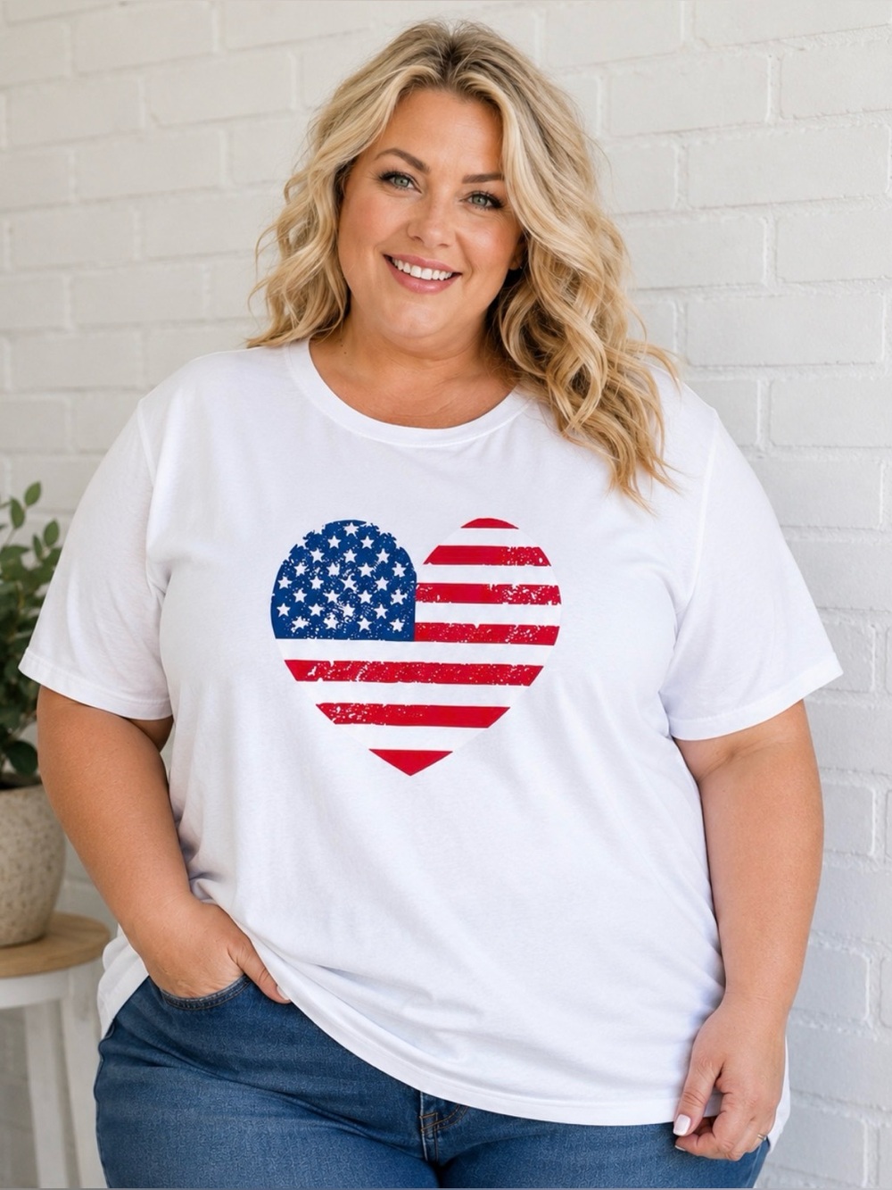 Patriotic American Flag Heart Graphic Tee | Women’s 2XL | Stretch White T-Shirt